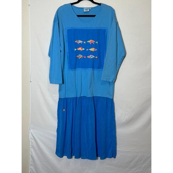 Johnny Was T-Shirt Vintage Maxi Dress Embroidered Fish Design Size M FLAWED - Picture 4 of 8